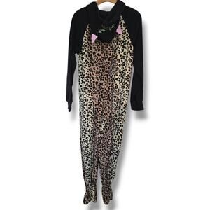 French Jenny Leopard Print Hooded One-Piece Pajamas - Size Medium